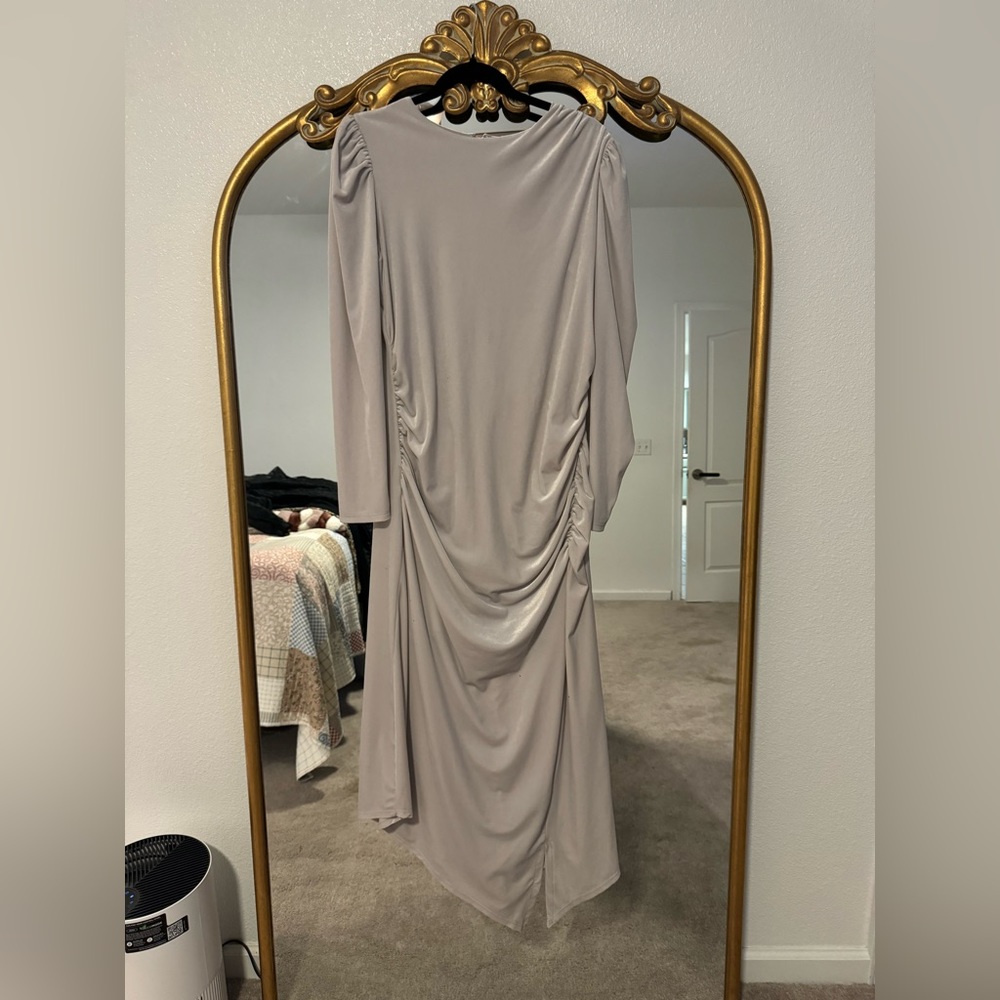 Express Grey Velvet Ruched Side Asymmetrical Midi Dress